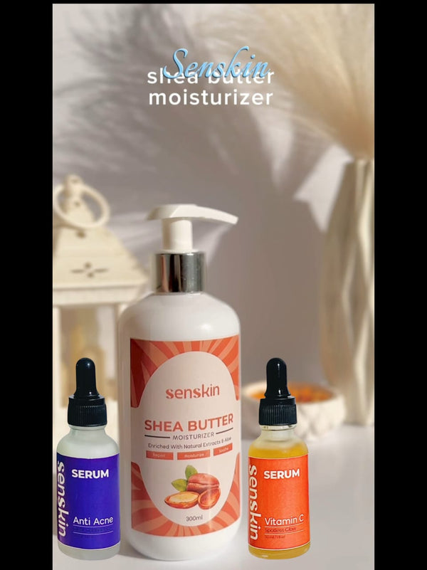 "Senskin Glow & Clear Bundle – Vitamin C Serum, Shea Butter Moisturizer & Anti-Acne Serum"